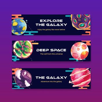 Banner template with galaxy concept design watercolor illustration
