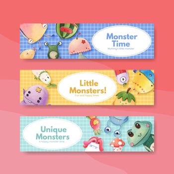 Banner template with monster concept design watercolor illustration