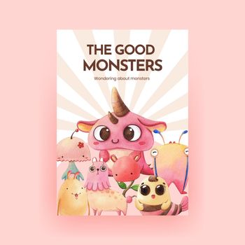 Poster template with monster concept design watercolor illustration