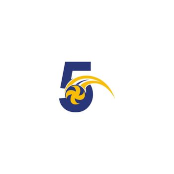 Number 5 with smashing volley ball icon logo design template