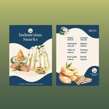 Menu template with Indonesian snack concept watercolor illustration