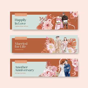 Banner template with happiness wedding concept,watercolor style