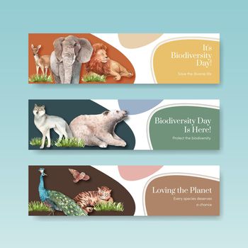 Banner template with biodiversity as natural wildlife species or fauna protection concept,watercolor style