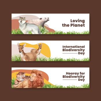 Banner template with biodiversity as natural wildlife species or fauna protection concept,watercolor style