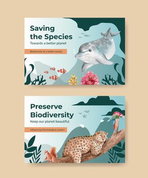 Facebook template with biodiversity as natural wildlife species or fauna protection concept,watercolor style