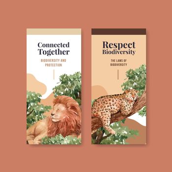 Flyer template with biodiversity as natural wildlife species or fauna protection concept,watercolor style