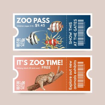 Ticket template with biodiversity as natural wildlife species or fauna protection concept,watercolor style