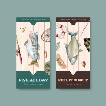 Flyer template with fishing camp concept,watercolor style