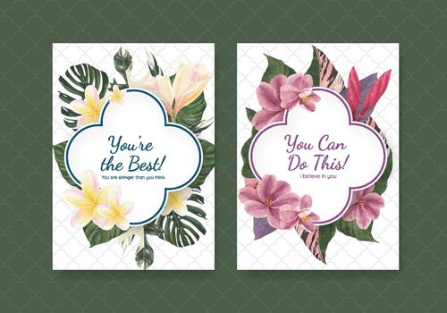 Card template with tropical botany concept, watercolor style