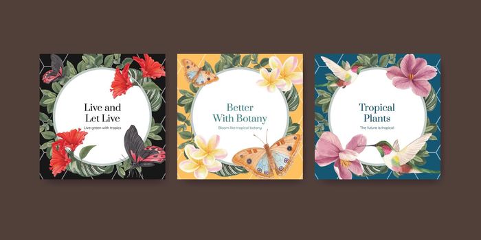 Banner template with tropical botany concept, watercolor style