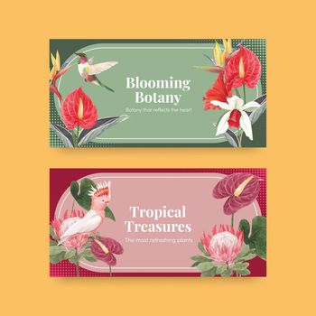 Twitter template with tropical botany concept, watercolor style