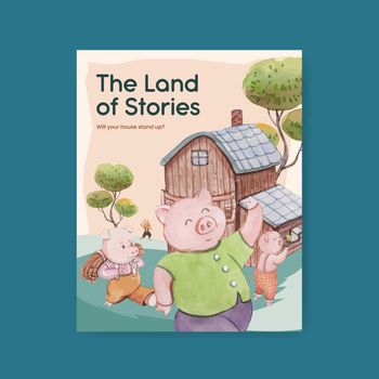 Cover book template with cute three little pigs concept ,watercolor style