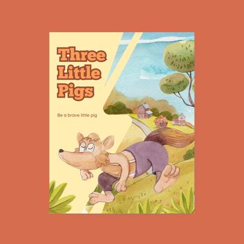 Cover book template with cute three little pigs concept ,watercolor style