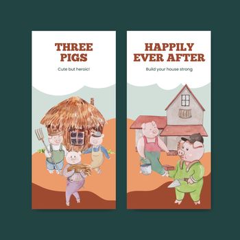 Flyer template with cute three little pigs concept ,watercolor style