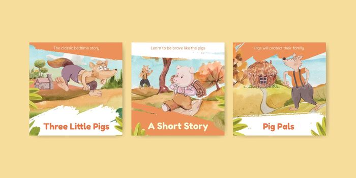 Banner template with cute three little pigs concept ,watercolor style