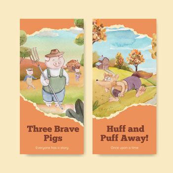 Flyer template with cute three little pigs concept ,watercolor style