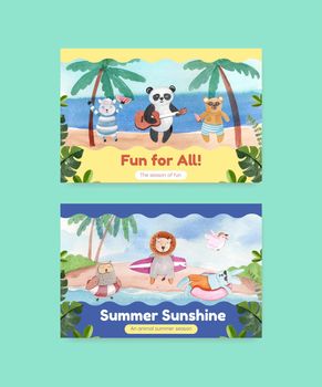 Facebook template with animals summer concept,watercolor style
