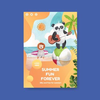 Poster template with animals summer concept,watercolor style
