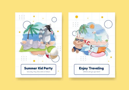 Card template with animals summer concept,watercolor style
