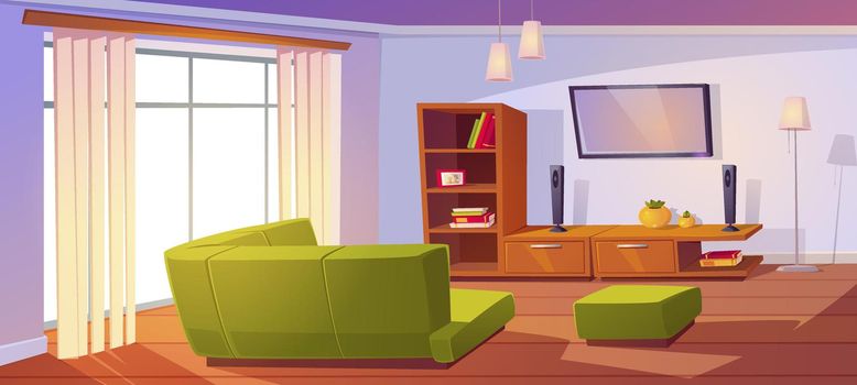 Living room with corner sofa, big window and tv