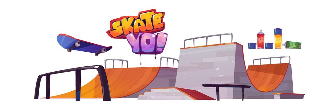 Skate park ramps, skateboard and graffiti letters