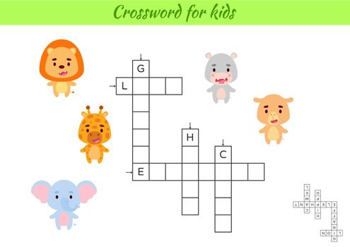 Crossword for kids with pictures of animals. Educational game for study English language and words. Children activity printable worksheet. Includes answers. Vector stock illustration