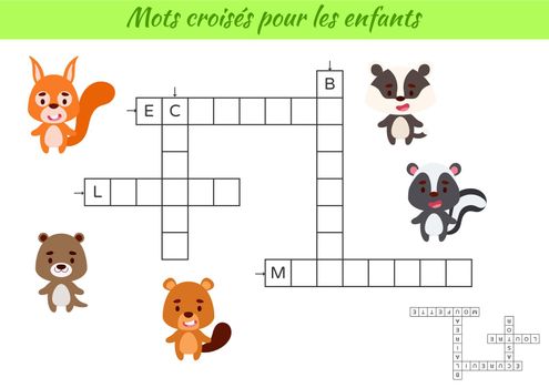 Crossword for kids in French with pictures of animals. Educational game for study French language and words. Children activity printable worksheet. Includes answers. Vector stock illustration