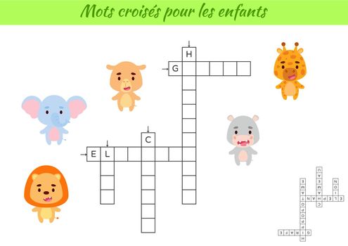 Crossword for kids in French with pictures of animals. Educational game for study French language and words. Children activity printable worksheet. Includes answers. Vector stock illustration