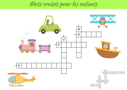Crossword for kids in French with pictures of transport. Educational game for study French language and words. Children activity printable worksheet. Includes answers. Vector stock illustration