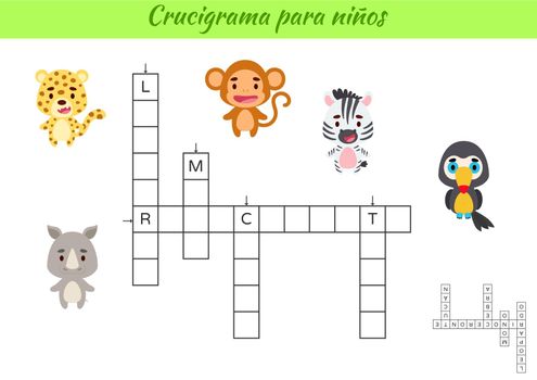 Crossword for kids in Spanish with pictures of animals. Educational game for study Spanish language and words. Children activity printable worksheet. Includes answers. Vector stock illustration