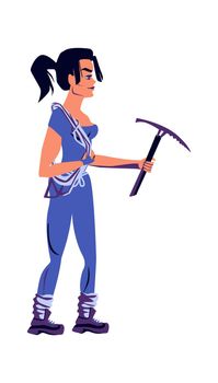 Girl rock climber in sports equipment with pickaxe