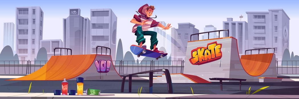 Skate park with boy riding on skateboard