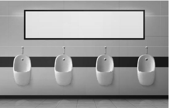 Urinals in male toilet hang in row on ceramic wall