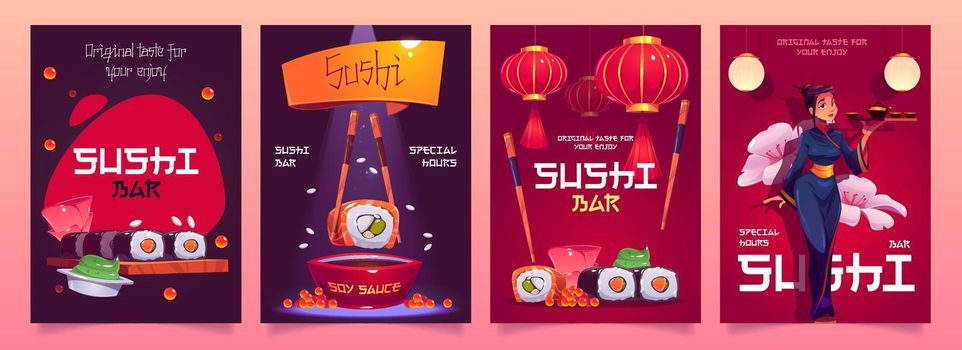 Vector set of sushi bar flyers with japanese food