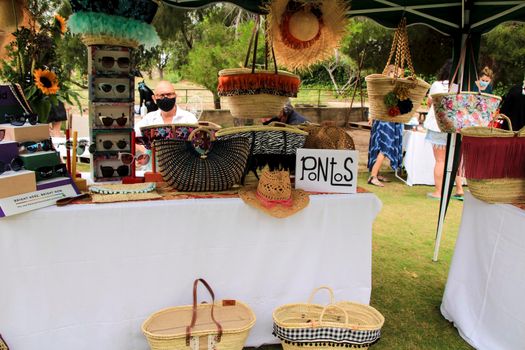 Traditional craft hemp baskets, hats and bags made of raffia