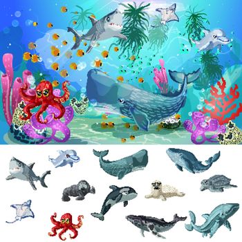 Cartoon Sea And Ocean Fauna Concept