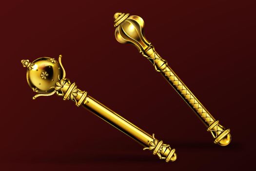 Vector gold royal scepters, king and queen wands