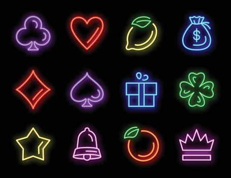 Slot machine neon icons for casino gambling