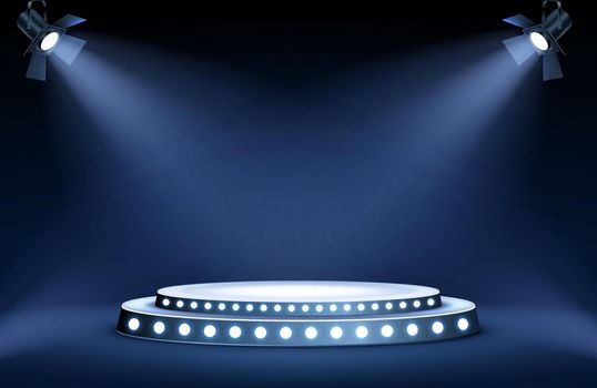 Round podium stage in spotlights rays, realistic