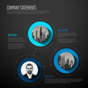 Company profile statement - mission, vision, values with photos dark version