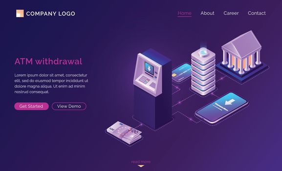 Mobile atm withdrawal isometric concept banner