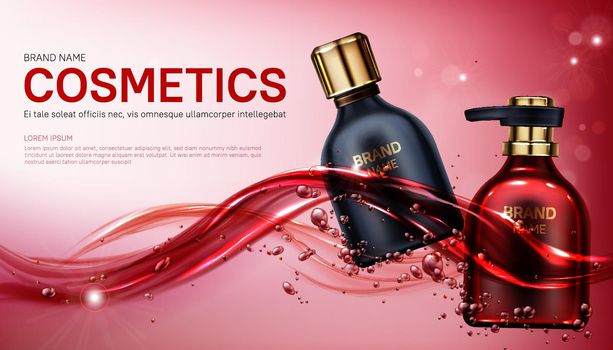 Beauty product cosmetics bottles mock up banner.