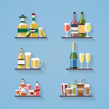 Booze or drinks flat icons on tray at bar