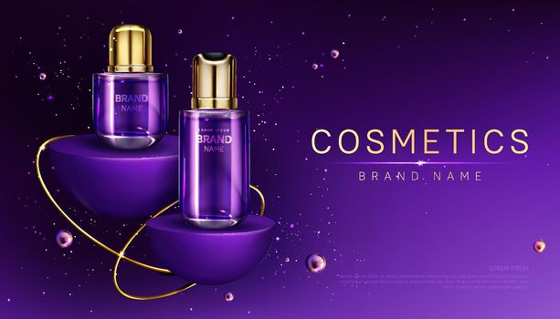 Cosmetics bottles on podium perfume ad banner