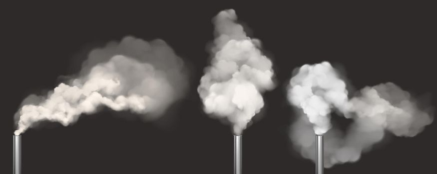 Chimneys with smoke, pipes with white steam set