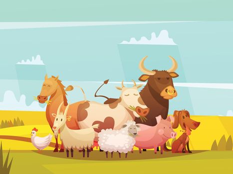 Farm animals on sunny day in countryside funny cartoon poster with cow pig goat and sheep vector illustration
