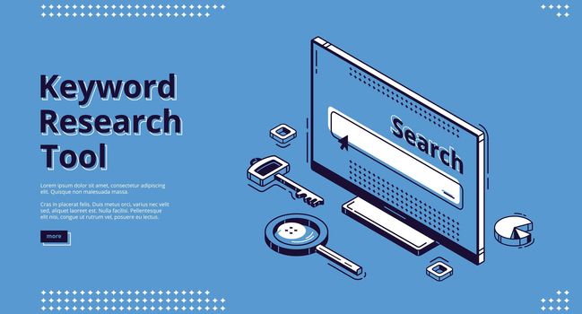 Keyword research tool isometric landing page.