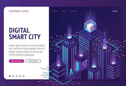 Digital smart city isometric landing page banner