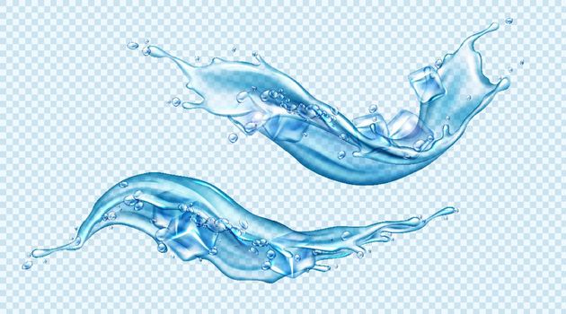 Water splash with ice cubes set isolated clip art