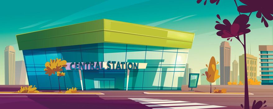 Central station for bus or train. Vector cartoon cityscape with modern city transportation building, car parking and street road. Waiting terminal for passenger carriage, urban public transport
